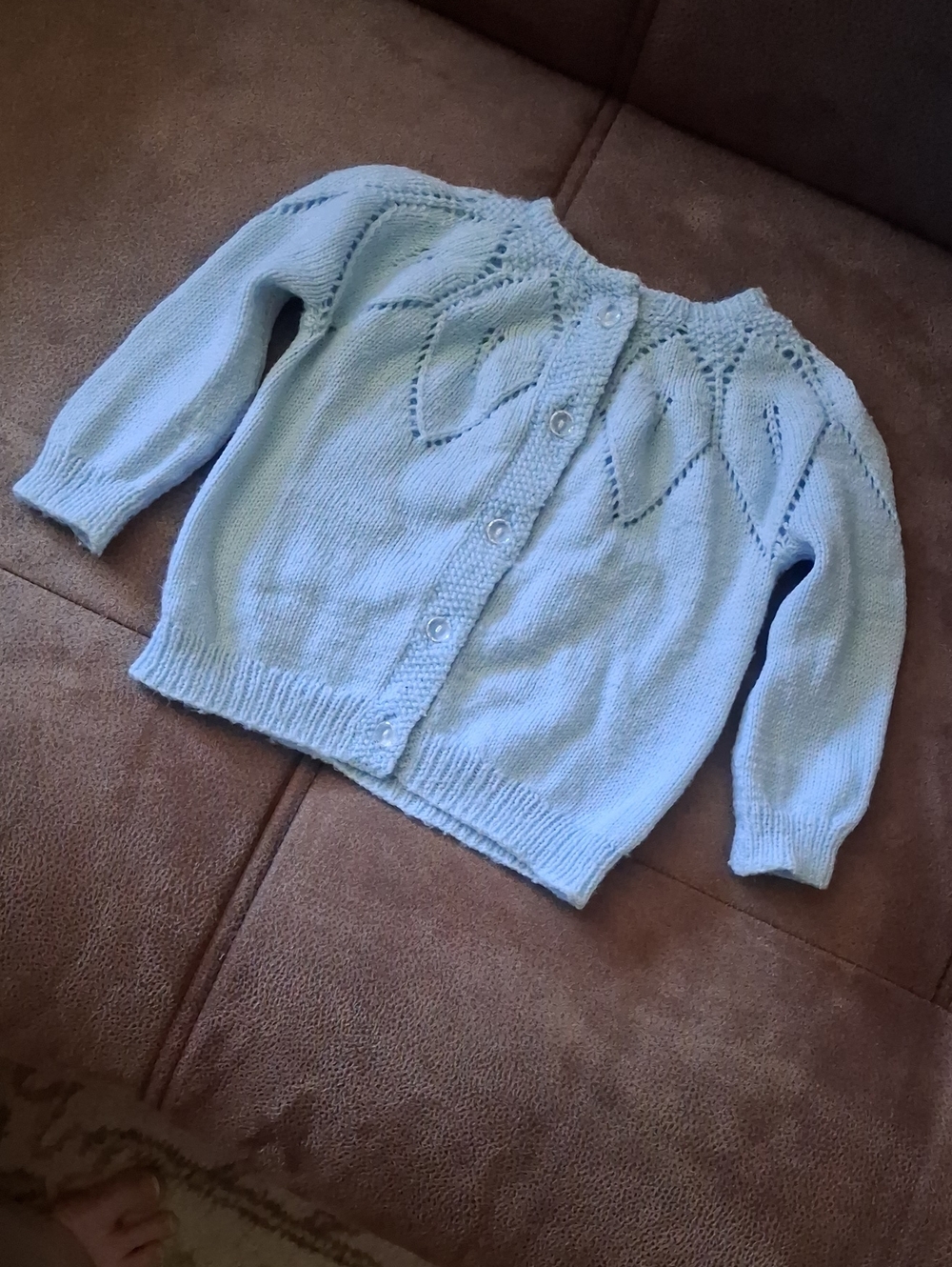 Vintage hand knitted wool blend baby cardigan sweater baby blue 24 months